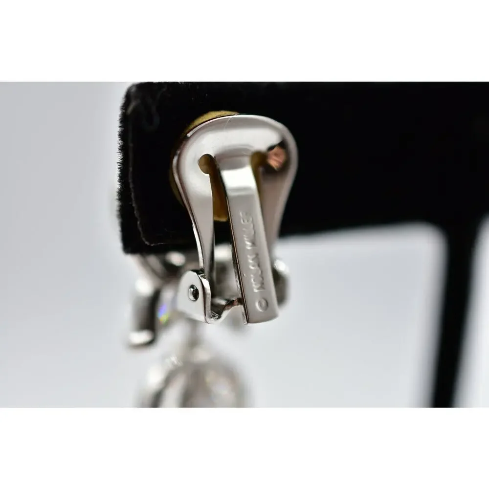 Nolan Miller Vintage Crystal Clip On Earrings Silver Dangle Signed 1990s Bin5